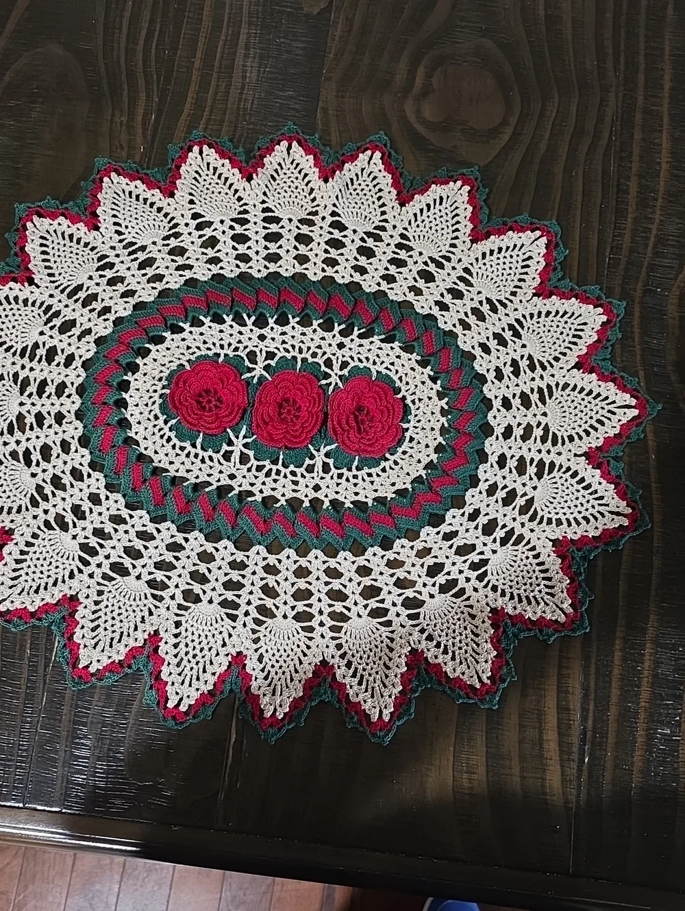 Handmade Crochet Oval Doily with Rose Motif - White, Pink, Green